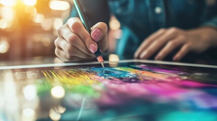 Obraz premium Creative Artist Drawing Colorful Abstract Design on Digital Tablet