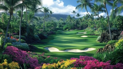 Obraz premium Tropical golf course fairway, lush landscaping, volcanic mountains, vacation brochure