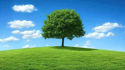 Fototapeta premium Lone tree on green hill, blue sky, clouds, nature, idyllic scene, environmental