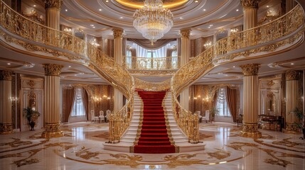 Obraz premium Grand Mansion's opulent double staircase, red carpet, marble floor, lighting, interior design