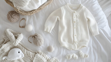 baby clothes knitted white dress with accesseries.ai generative