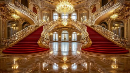 Obraz premium Grand Mansion Red Carpet Staircase Interior Luxury Event
