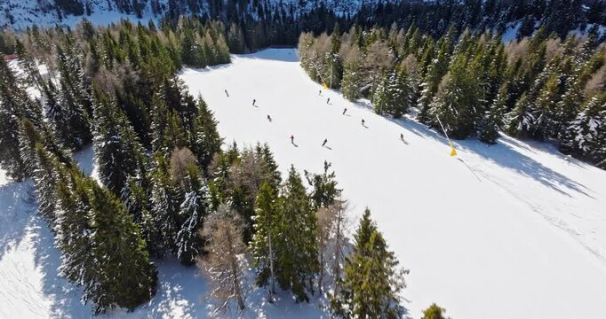 Aerial drone view of Col dei Baldi, Alleghe, in the Dolomites, Italy in daylight