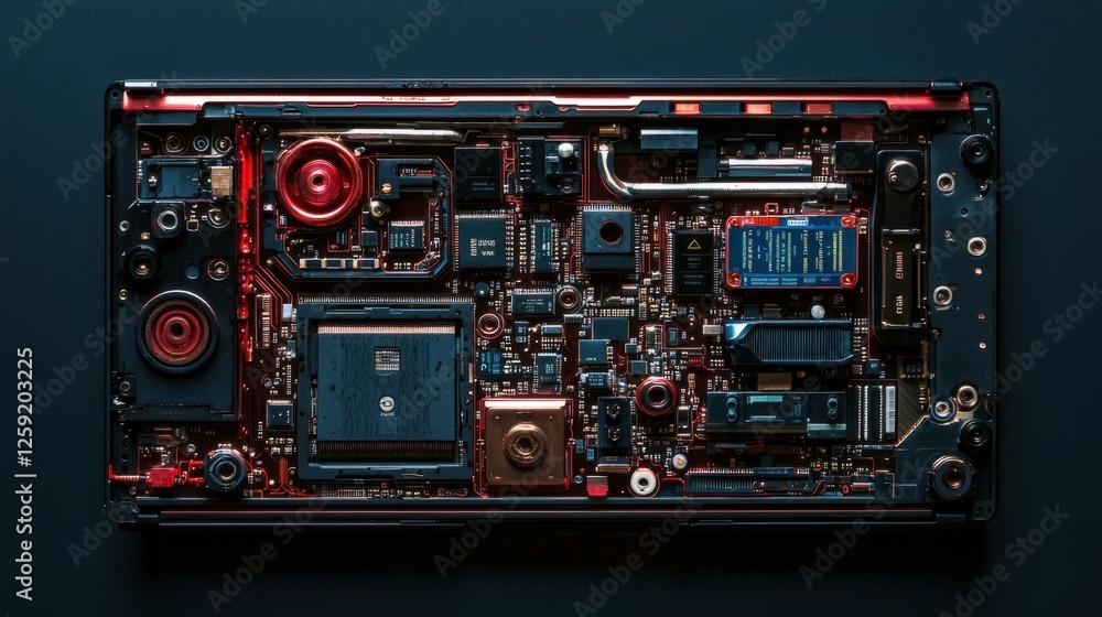 Poster intricate close-up of a red and black computer circuit board design