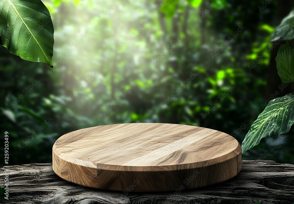 Poster wooden round display table in forest background