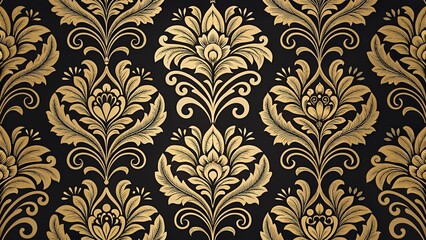 Classic elegant black and gold seamless damask wallpaper pattern with intricate floral motifs for luxurious home and interior design, luxury, casino, business