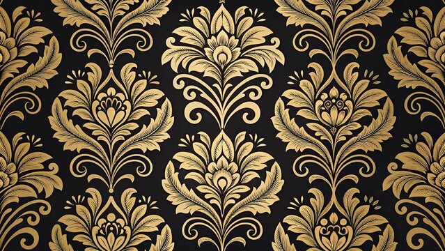 Fototapeta Classic elegant black and gold seamless damask wallpaper pattern with intricate floral motifs for luxurious home and interior design, luxury, casino, business