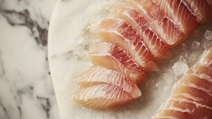 Fresh fish fillets on ice, marble background, seafood preparation, restaurant menu