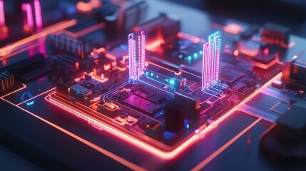 Fototapeta premium Neon city motherboard circuit, futuristic tech background