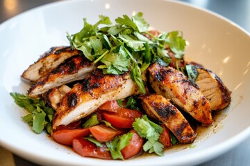 Grilled Chicken Breast Served on Bed of Fresh Tomatoes and Cilantro in Modern Dish Presentation