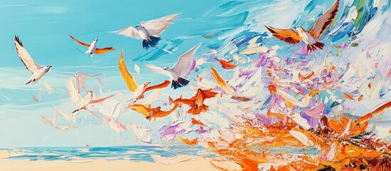 Obraz premium Abstract painting of many birds flying over ocean beach.