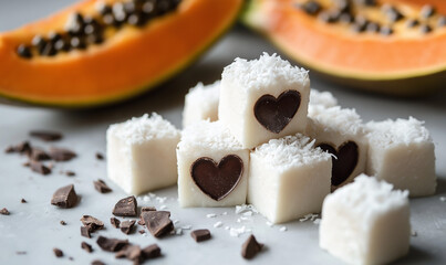 Coconut-chocolate coated papaya cubes arranged in a heart emblem symbolizing tropical gourmet passion and elegance