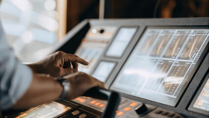 A closeup of a holographic dashboard featuring realtime analytics with a user adjusting sliders and filters showcasing an interactive decisionmaking process.