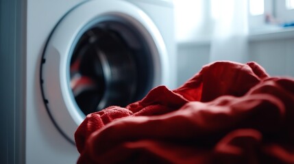 Red Fabric Near Washing Machine: Laundry Day Close-Up