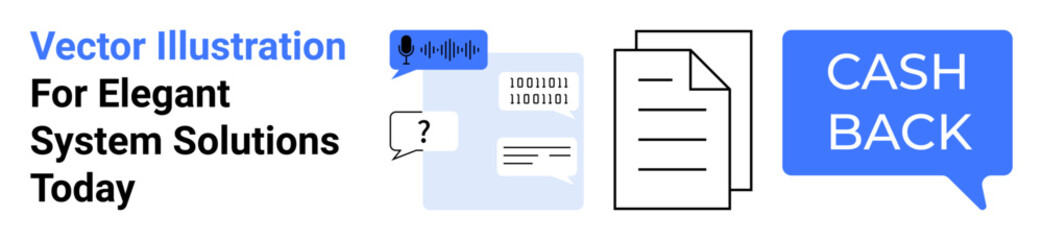 Voice input icon, question bubble, document files, and cashback text bubble. Ideal for technology, finance, automation, digital workflows, business solutions productivity tools flat landing page