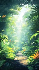 A breathtaking view of a vibrant tropical rainforest featuring diverse plants, bright foliage, and calming sunlight beams, evoking tranquility and a connection to untouched, natural wilderness.
