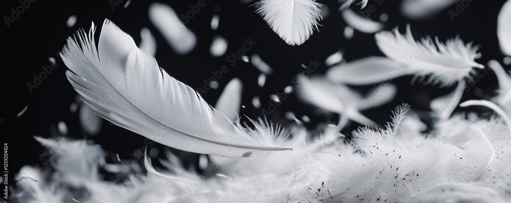 Poster White feathers floating in the air on a black background, creating a delicate and serene atmosphere