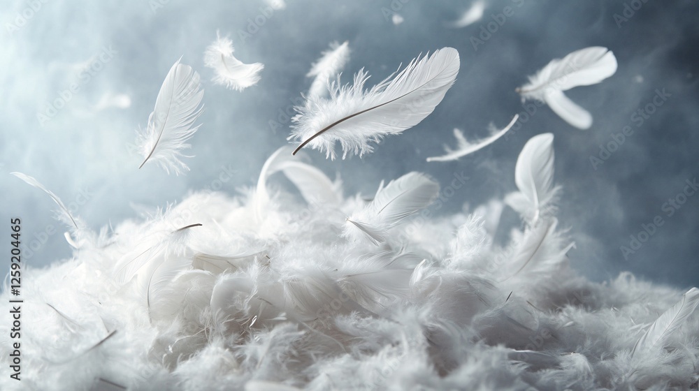 Poster White feathers are slowly floating down on a soft background of feathers, with smoke adding a dreamy effect