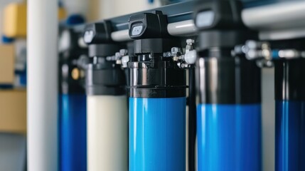Industrial water filtration system close-up, facility background