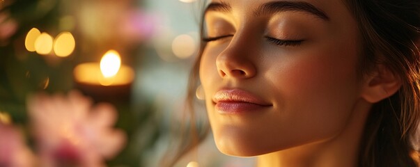 Fototapeta premium Young woman enjoying aromatherapy treatment with closed eyes surrounded by warm candlelight