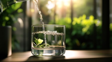 Refreshing Hydration: A Glass of Pure Water with a Blooming Plant