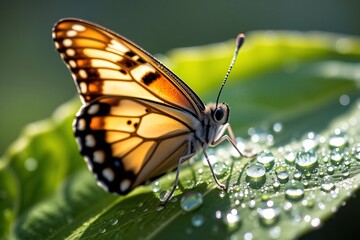 Obraz premium Butterfly resting on a dew covered leaf on a green background