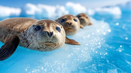 Fototapeta premium Seals resting on an icy surface in a close-up shot with bright blue water. Generative AI