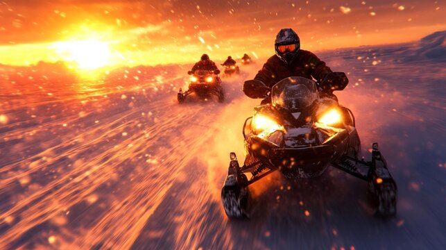 Snowmobile riders racing through a snowy landscape during a sunset with flying snow particles. Generative AI
