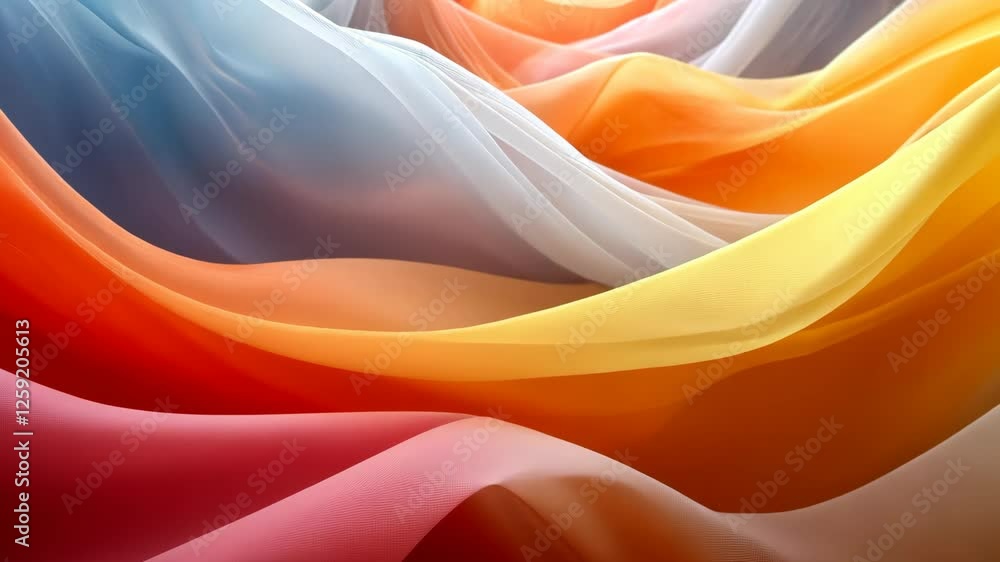 Poster Colorful flowing fabric waves create a dynamic visual display in a vibrant textile arrangement