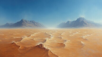 Desert landscape, windswept dunes, mountains, hazy sun, travel poster