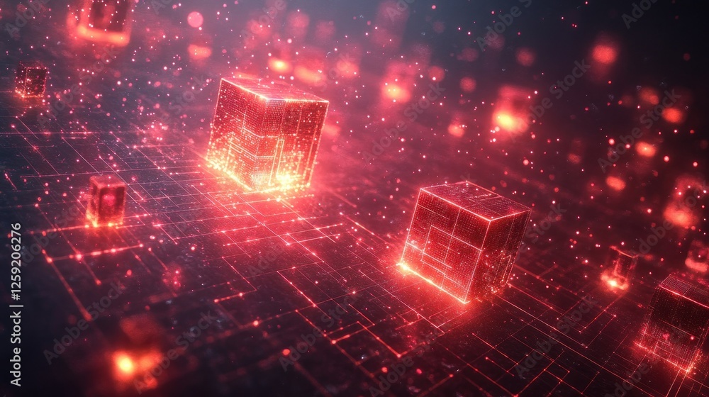 Poster glowing red cubes network digital data background