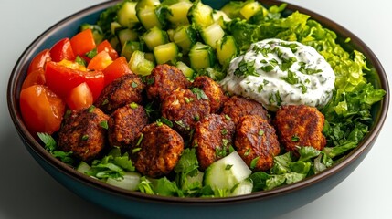 Delicious Mediterranean Salad with Falafel and Yogurt Sauce. Generative AI