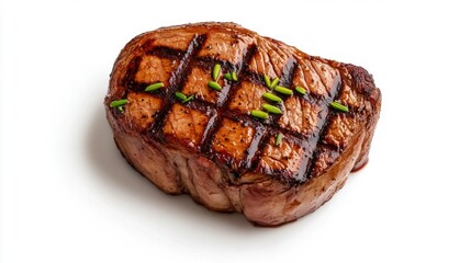 Delicious Grilled Steak with Seasoning and Grill Marks on White Plate. Generative AI