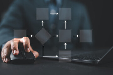 Businessman using a laptop analysis for process and workflow automation with flowchart, a...
