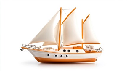 Obraz premium Miniature Toy Sailboat with White and Orange Sails. Generative AI