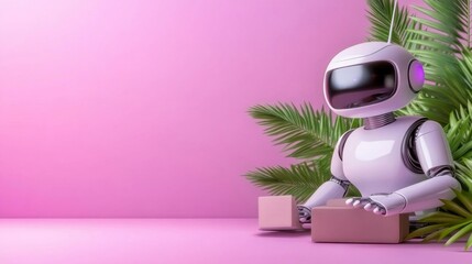 Robot sitting among plants with a futuristic pink background. Generative AI