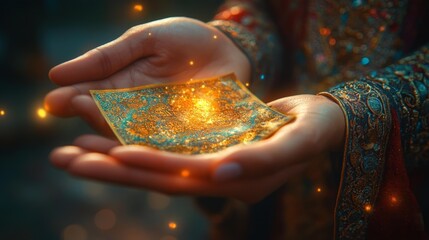 Hand holding a glowing golden scroll in a mystical setting. Generative AI