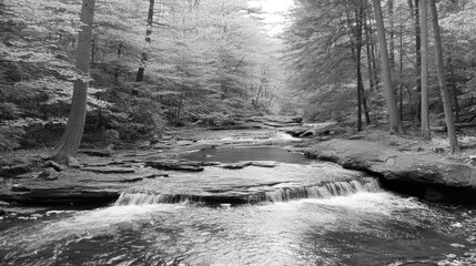 Serene Waterfall Flows Through Wooded Landscape