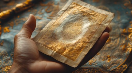 An ancient ornate Quran with intricate golden details in hand. Generative AI