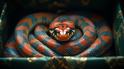 Obraz premium Close-up of colorful snake with red orange and black scales. Generative AI