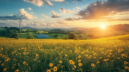 Sunset Over Fields of Sunflowers with Wind Turbines in the Distance. Generative AI
