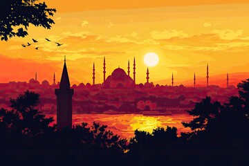 Naklejka premium Maiden Tower and historic peninsula in Istanbul in foreground, silhouette of Sultanahmet Mosque, with generative ai