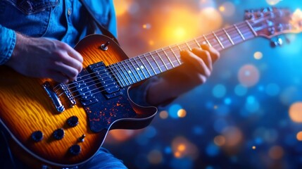 Obraz premium Close-up of a person playing an electric guitar in a vibrant setting. Generative AI