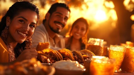 Joyful gathering of friends enjoying a festive meal together with tacos and refreshing drinks at sunset. Generative AI