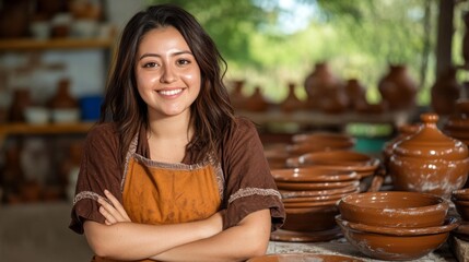 Smiling Pottery Artist Surrounded by Handcrafted Clay Vessels in a Workshop. Generative AI