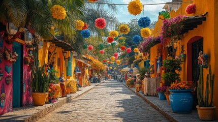 Fototapeta premium Colorful Street with Bright Flowers and Vibrant Buildings in a Picturesque Town. Generative AI