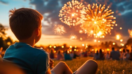 Fototapeta premium A Child Watching Colorful Fireworks at a Sunset Event. Generative AI