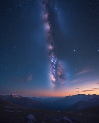 Fototapeta premium A breathtaking view of the Milky Way stretching across the night sky above a majestic mountain range. The celestial glow contrasts beautifully with the rugged landscape below. 