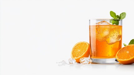 Fototapeta premium Refreshing glass of orange soda with ice and mint leaves. Generative AI