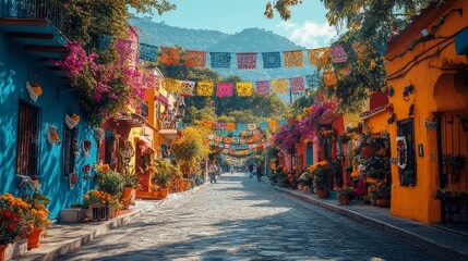 Fototapeta premium Colorful Streets with Mexican Decorations and Flowers in Daylight. Generative AI